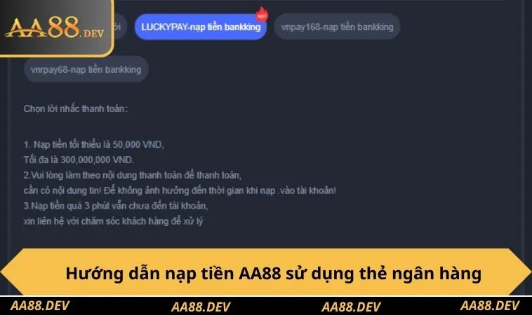 Hướng dẫn nạp tiền AA88 sử dụng thẻ ngân hàng