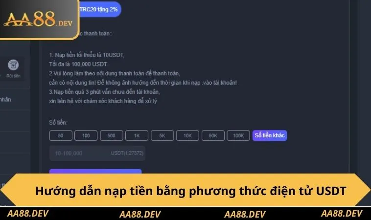 Hướng dẫn nạp tiền bằng phương thức điện tử USDT