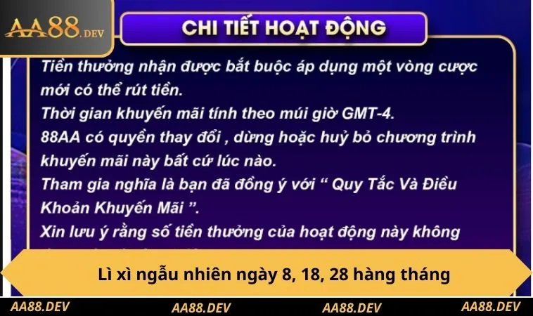 Khuyến Mãi AA88 3 Lì xì ngẫu nhiên ngày 8, 18, 28 hàng tháng
