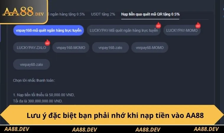Lưu ý đặc biệt bạn phải nhớ khi nạp tiền vào AA88